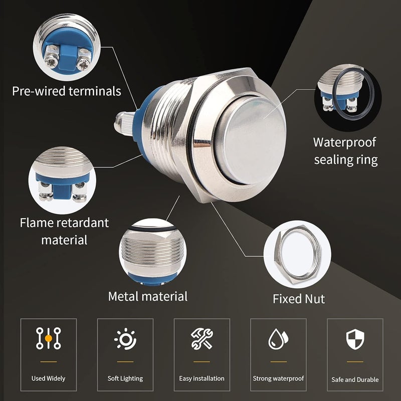 STARELO 5pcs 19mm Momentary Push Button Switch Sliver Shell, IP65 Waterproof Push Button Switch,Copper Shell 1 Normally Open Without LED. - Image 5